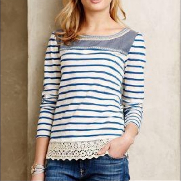 Anthropologie Tops - anthro striped lace long sleeve shiloh top small